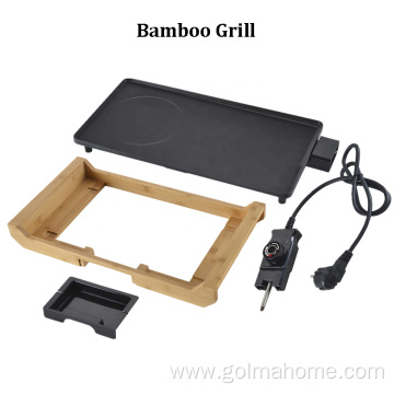 2 in 1 Grill and Flat Plate Smokeless Portable BBQ Grill Bamboo Electric Grill Griddle